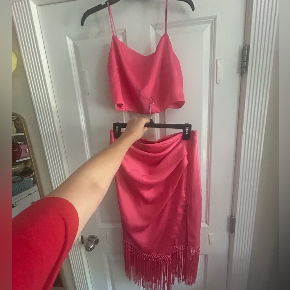 Rachel Zoe 2 Piece Satin Pink Set Midi Fringe Skirt Smocked Crop Top Medium